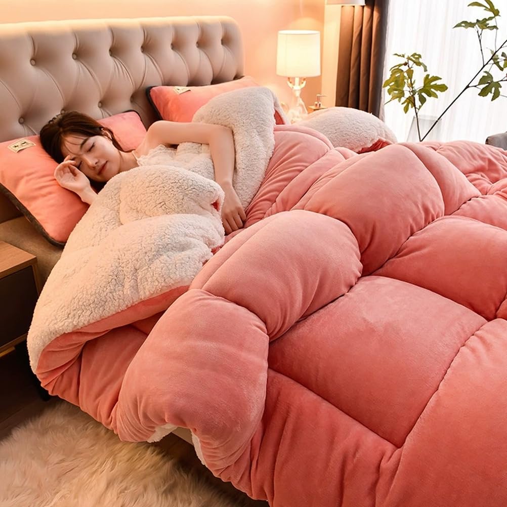 Thickened Super Warm Winter Quilt,Imitation Cashmere Super Warm Double-Sided Velvet Quilt Fluffy Plush Comforter Blanket for Cold Weather,Pink,150x200cm/3.5kg