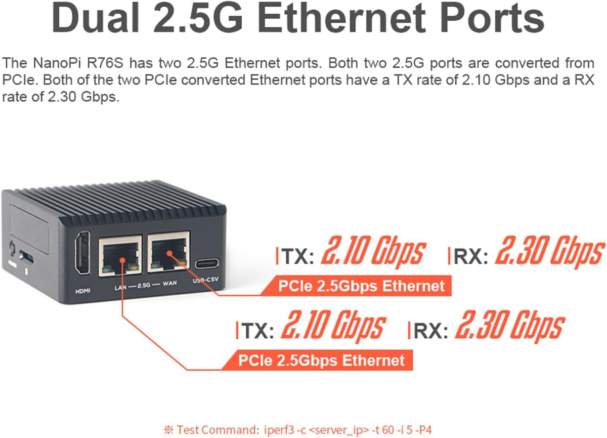 NanoPi R76S Mini Router, RK3576 Octa-Core SoC with 6TOPS NPU AI Model, LPDDR4X 4GB RAM 64GB eMMC, Dual 2.5G Ethernet, Support M.2 Wi-Fi Module (None M.2 WiFi, LPDDR4X 4GB, Power Kit)