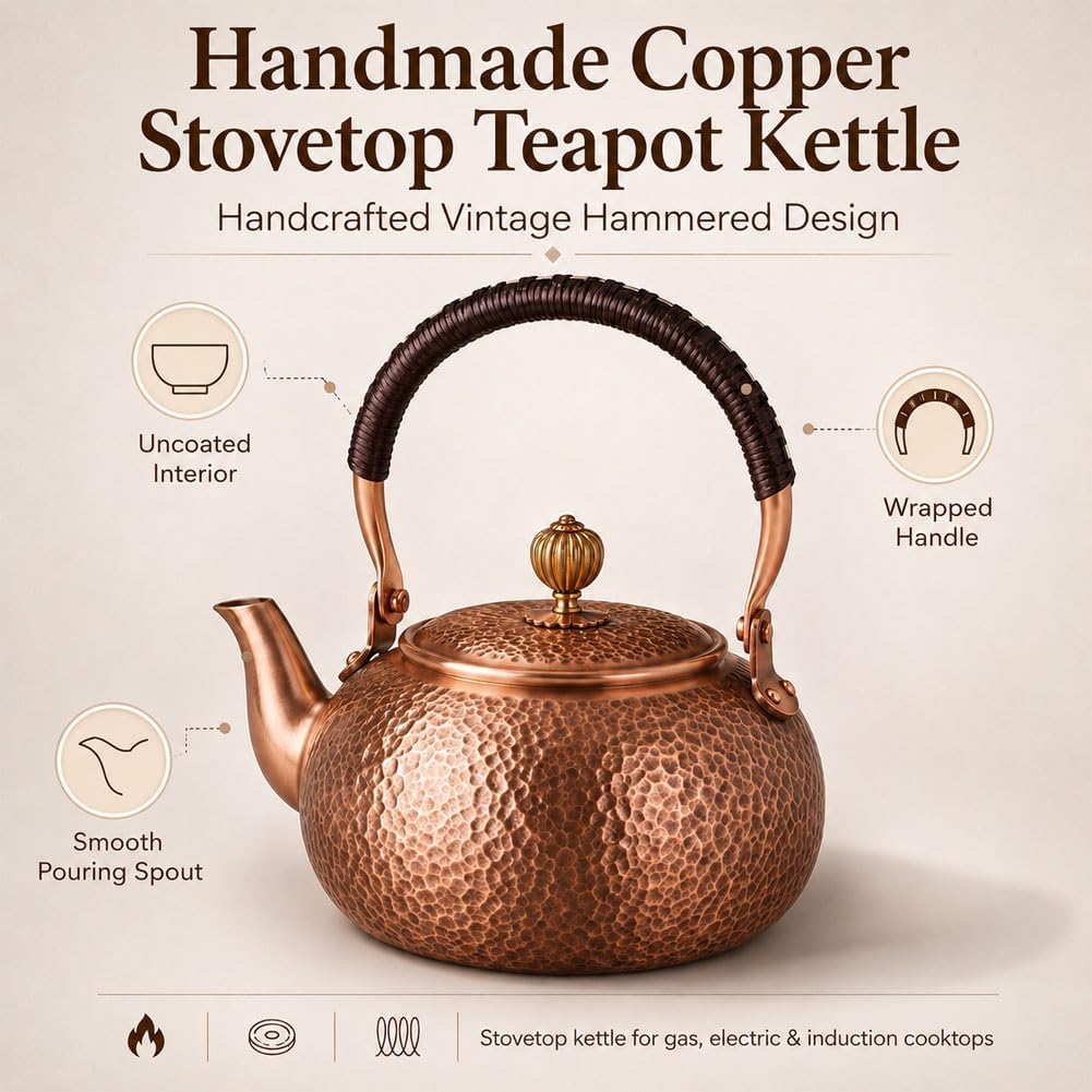 Handmade Copper Stovetop Teapot Kettle, Solid Copper Tea Kettle with Vintage Hammer Design, Thickened Household Boiling Teapot for Induction, Electric, Easy to Clean (A*1200ML)