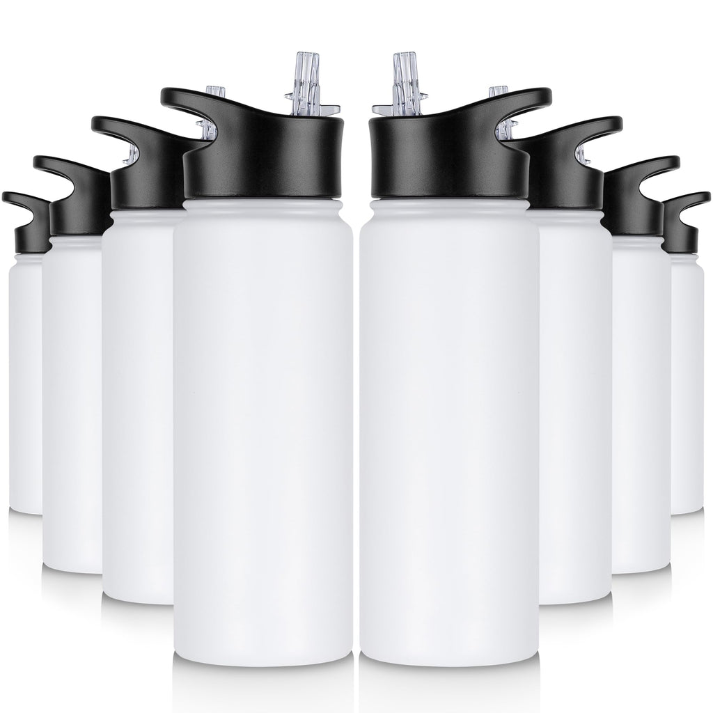 32 oz Insulated Water Bottle Bulk 8 Pack, Stainless Steel Sports Water Bottles with Straw Lid & Wide Mouth Lids, Double Walled Vacuum, Leak Proof, White