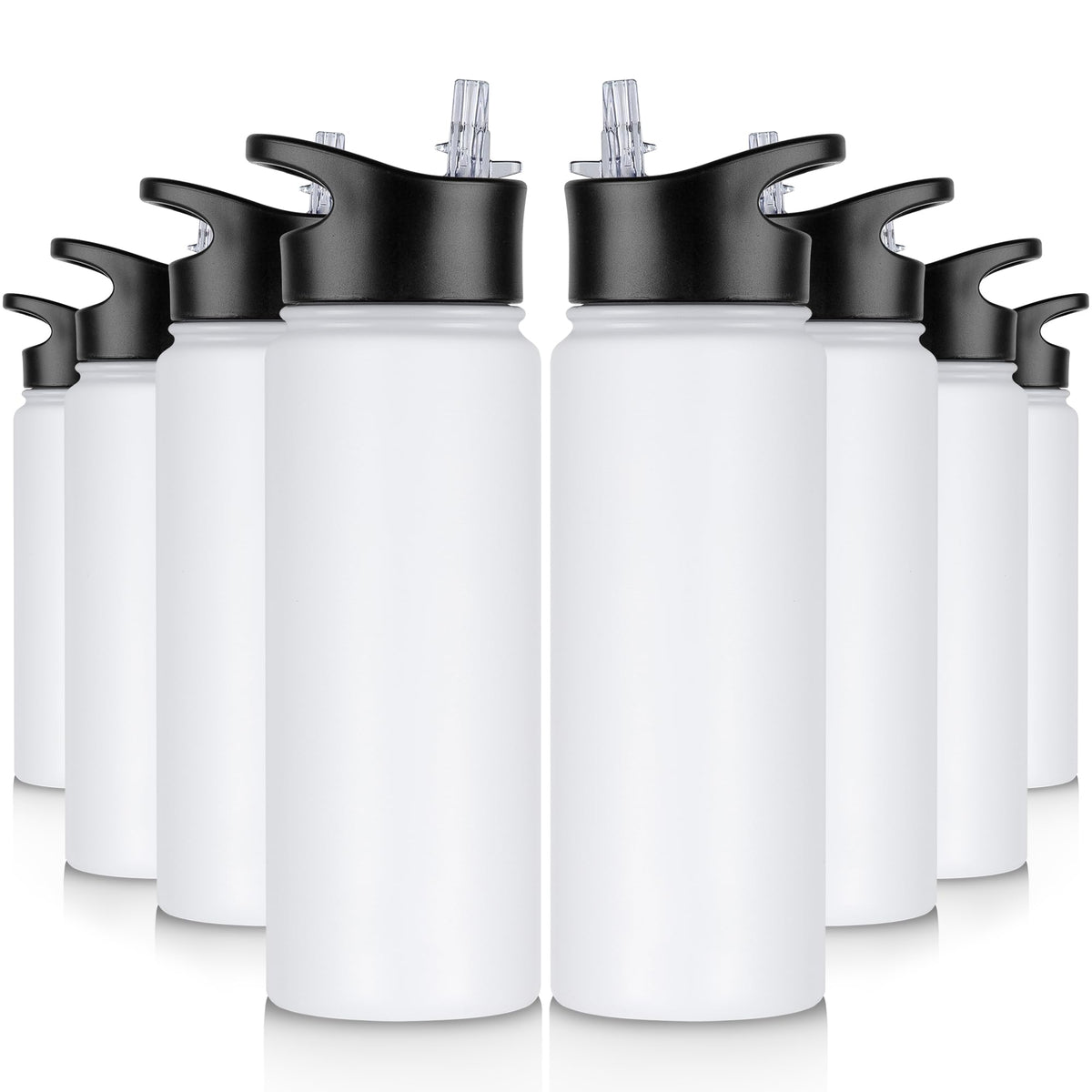 32 oz Insulated Water Bottle Bulk 8 Pack, Stainless Steel Sports Water Bottles with Straw Lid & Wide Mouth Lids, Double Walled Vacuum, Leak Proof, White