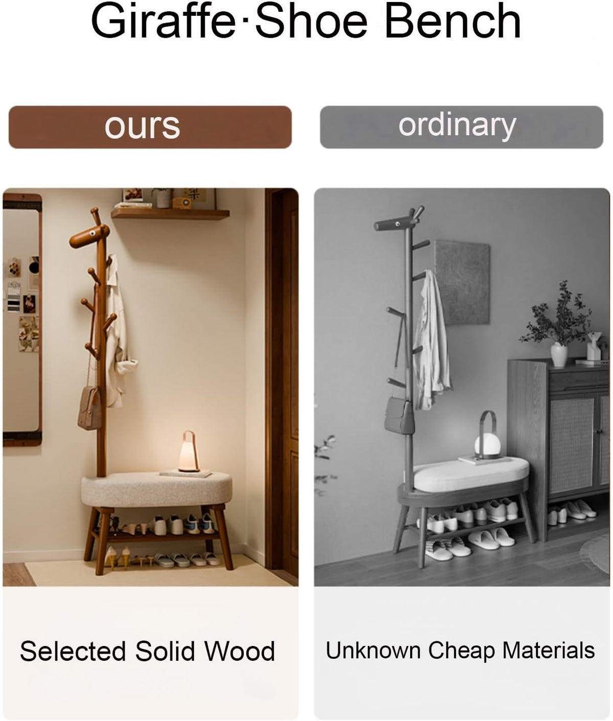 Solid Wood Shoe Bench & Coat Rack 2-in-1 - Removable for Entryway/Living Room (Walnut,23.6" L*14.1" W*68.5" H)