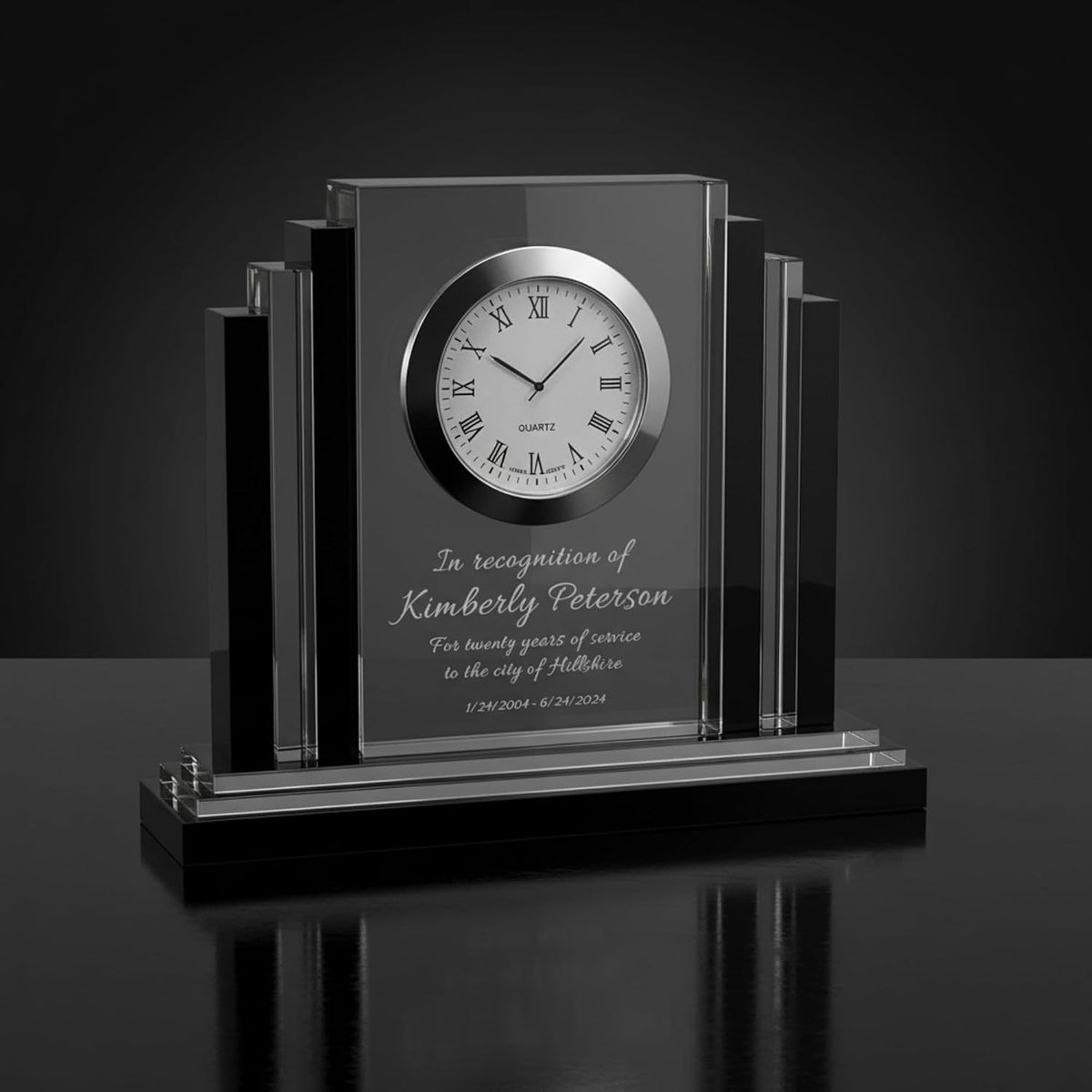 Personalized 6" Crystal Desk Clock with Black Trim Award, Custom Engraved Glass Clock for Employee Appreciation, Recognition, Retirement, Teachers