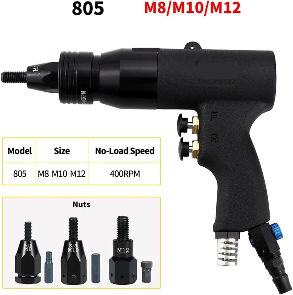 M3 M4 M5 M6 M8 M10 M12 Pneumatic Rivet Gun Kit Blind Automatic Riveting nut tool Air tools Rivnut Pneumatic Rivet Machine(805B-M8M10M12)