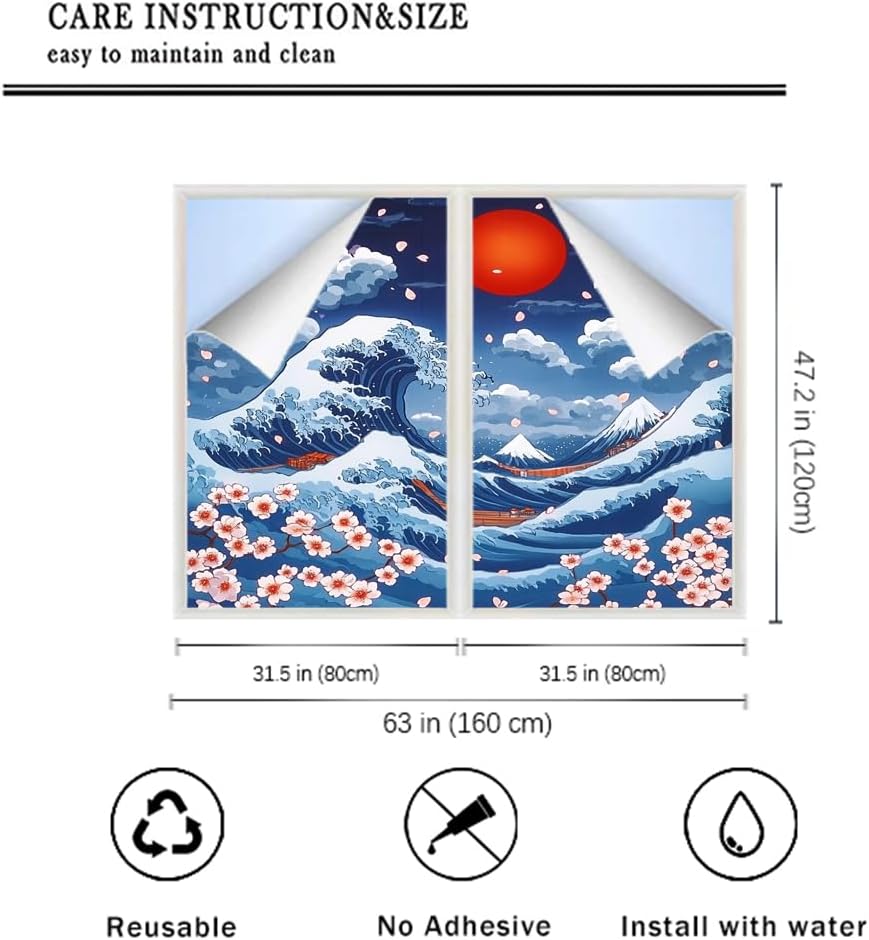 Ocean Waves Cherry Blossoms Window Privacy Film 31.5Wx47.2L inch x 2pcs