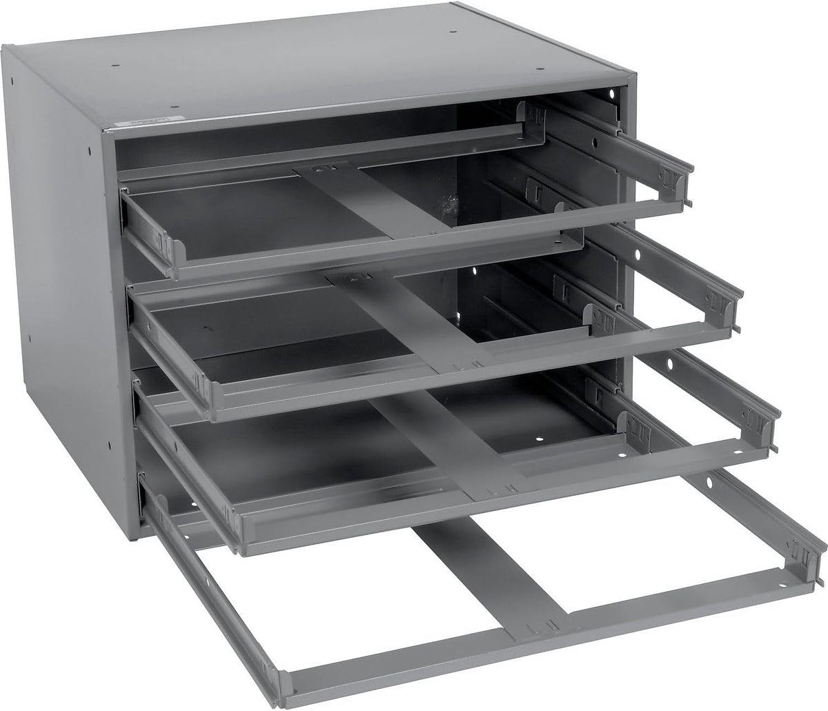 Global Industrial Durham Steel Compartment Box Rack with Four Adjustable Divider Compartment Boxes, 18" L x 12" W x 3" H Boxes, 20" L x 15-3/4"W x 15" H Overall