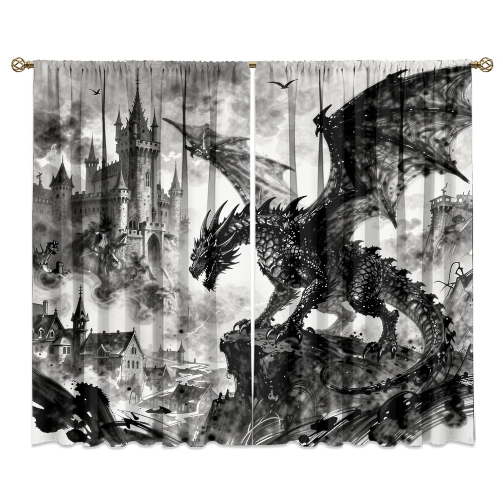 Fantasy Mythical Animal Dragon Curtains,Dreamy Galaxy Full Moon Room Darkening Blackout Window Treatment,Mythological Wildlife Dragon Rod-Pocket Privacy Curtains,2pcs,Each 52“W x 96”L