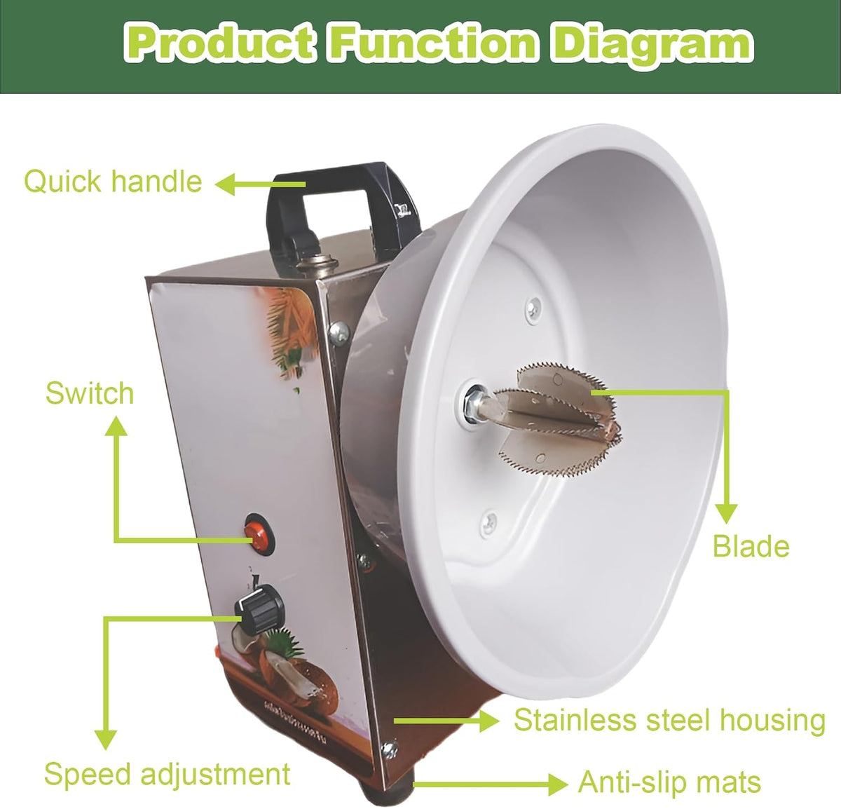 Coconut Scraper Grater, Coconut Processing Machine, 3 Speeds Adjustable, Commercial Electric Coconut Meat Removal Tool