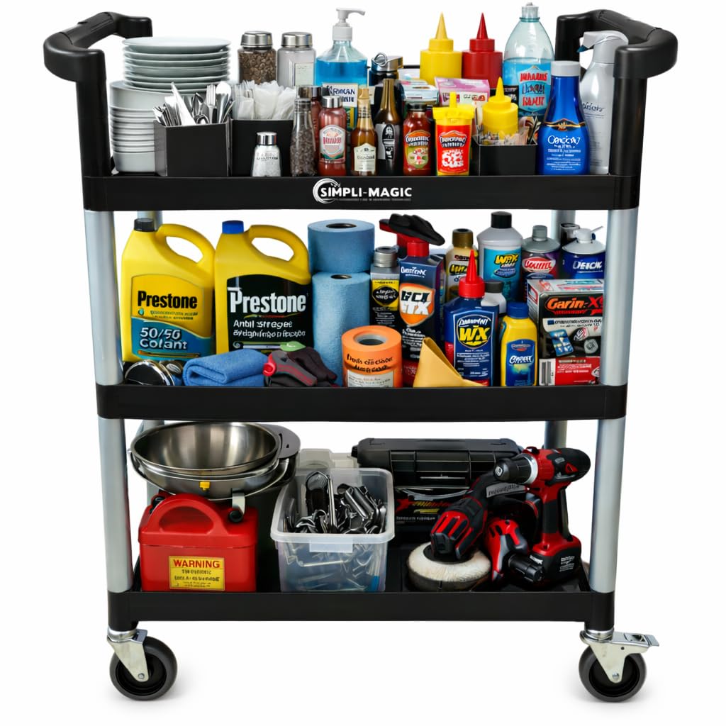 Simpli-Magic Rolling Utility Cart on Wheels, Heavy Duty with Ergonomic Handle, Deep Shelves for Garage, Warehouse, Workshop, 600-Pound Capacity, 40x33x17-Inch, Steel, Black
