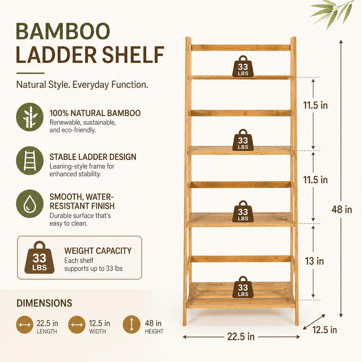 4-Tier Bamboo Bookshelf Ladder Shelf Plant Stand Rack, Wood Bookshelf Natural Wood Shelving Unit, Space-Saving Leaning Bookcase with Sturdy Frame, Bamboo Shelf Decorative Display R