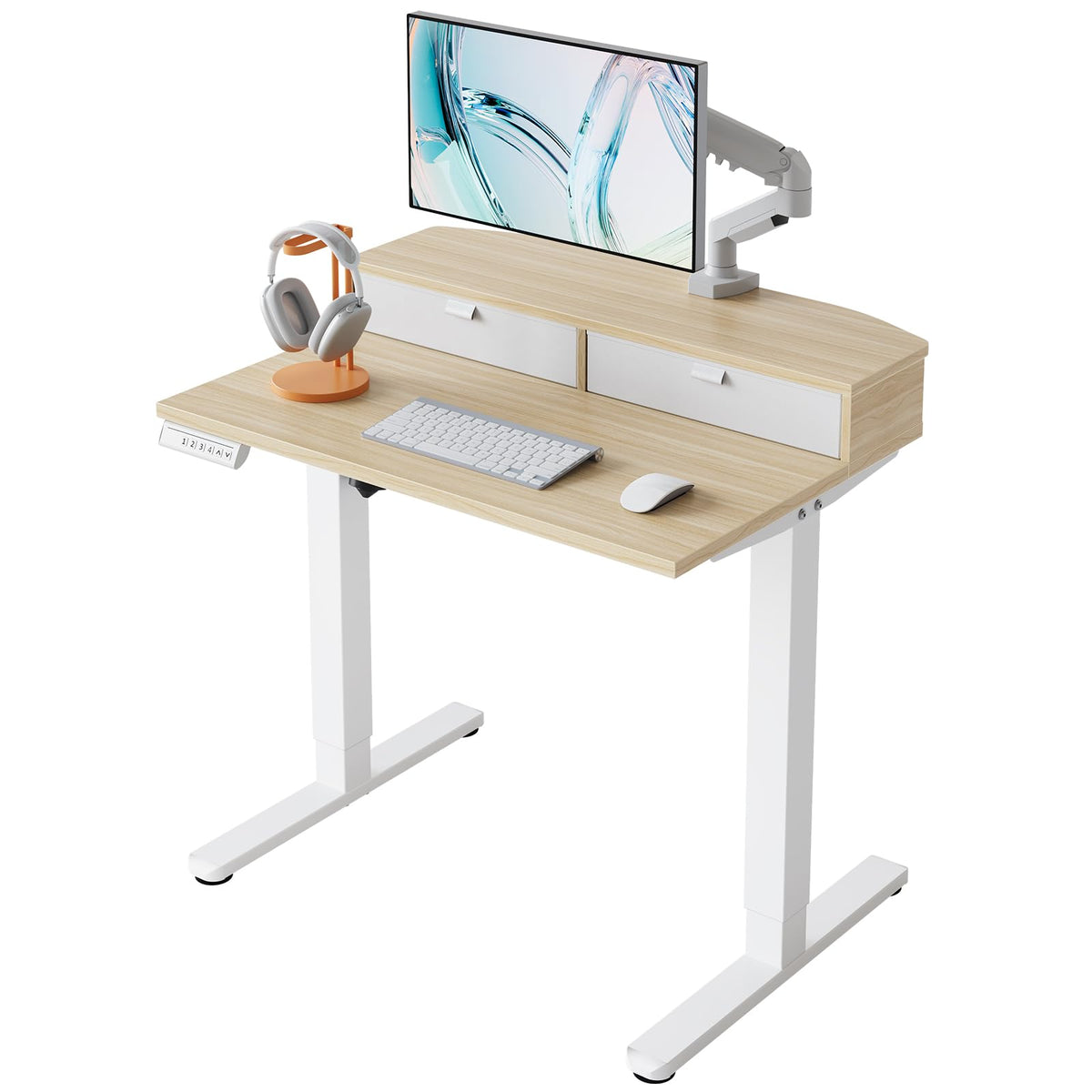 HUANUO 48″ x 28″ Electric Standing Desk with 2 Drawers, C-Clamp Mount Compatible, Height Adjustable Computer Desk, Home Office Stand Up Desk with 4 Preset Heights & 2 Hooks, Black