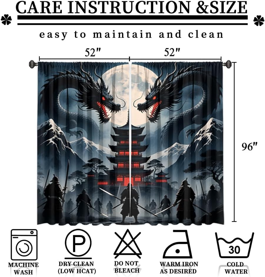 Traditional Ukiyoe Wildlife Dragon Curtains-Dreamy Ancient Japan Architecture Rod Pocket Back Tab Window Drapes,Japanese Samurai Thermal Insulated Blackout Curtain,2pcs,Each 52“W x 96”L