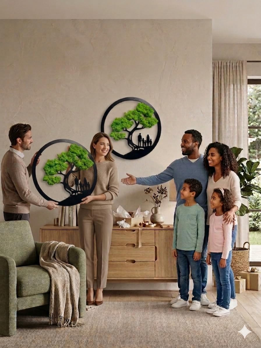 Family Tree Moss Wall Art - 24" Preserved Reindeer Moss Wooden Circle Frame