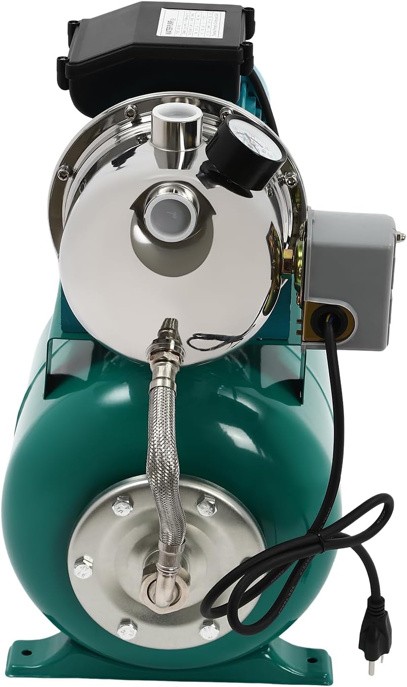 1HP Shallow Well Pump with Pressure Tank, 793GPH Irrigation Jet Pump, 110V Automatic Water Pumps Booster System Max. Head 147.64ft for Garden Lawn Farm Home (Green, 1 Hp)