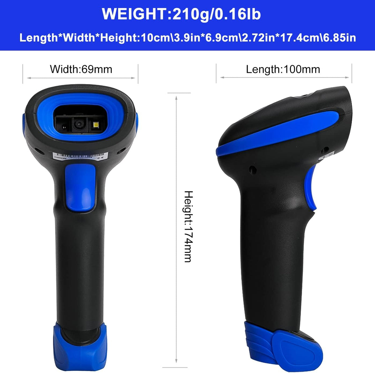 LENVII CW200 2D Barcode Scanner Wireless 2 in 1 Handhold Barcode Reader QR Code Scanner USB Bar Code Scanner for Shop use Store,Supermarket, Warehouse (Blue)
