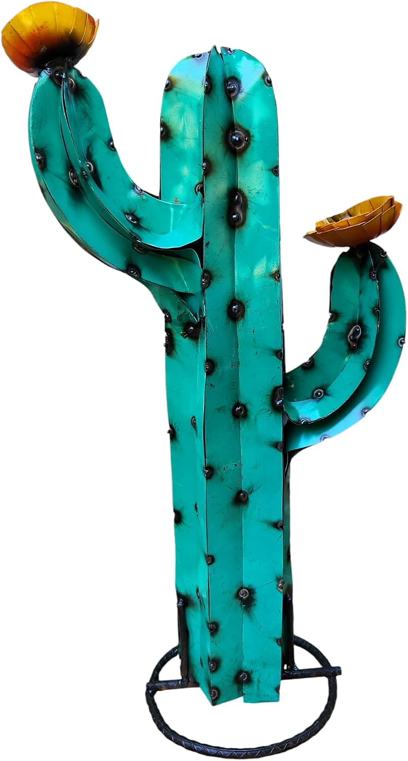 27" Rusty Metal Yard Art, Saguaro Metal Cactus Sculpture with Flower, Yard Decor (Turquoise) M002