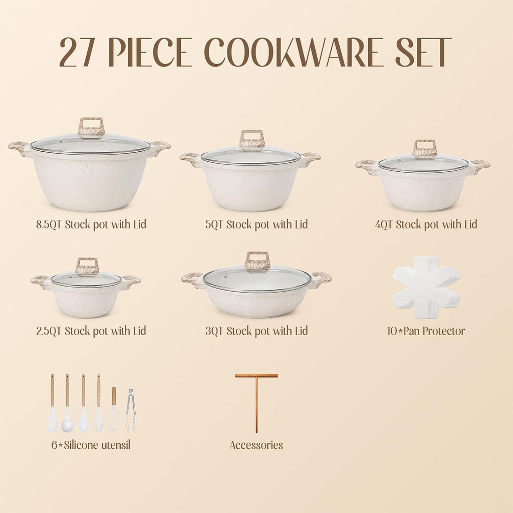 27piece Kitchen Pots And Pans Set Ceramic Home Nonstick Cookware Sets,a Heat-Resistant Glass Lid And Handles,Silicone Kitchenware Included|For Induction Cooktops Dishwasher Safe（Beige Sleek Style）