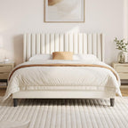 Yaheetech Queen Bed Frame with Headboard, Ivory Channel-Tufted Platform