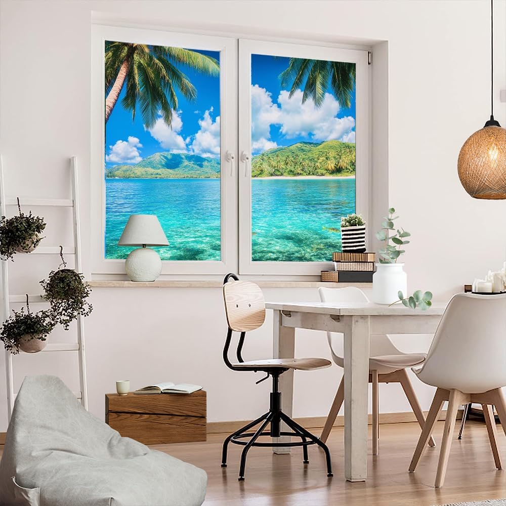 Watercolor Tropical Landscape Window Privacy Film 35.4Wx55.1L inch x 2pcs