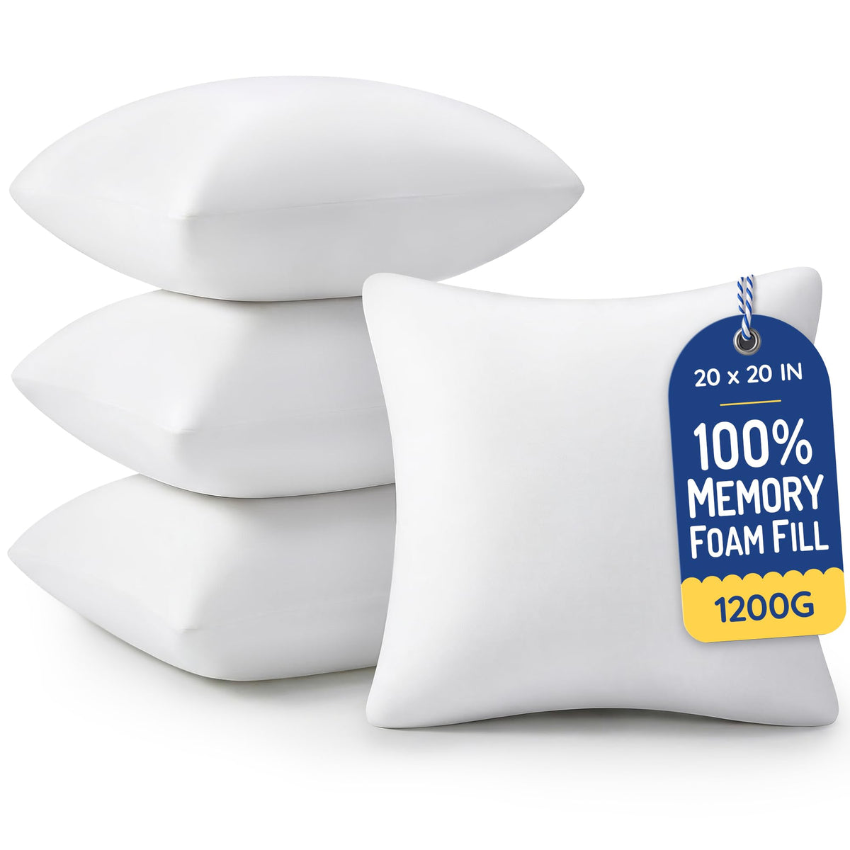 AM AEROMAX 18x18 Memory Foam Throw Pillow Inserts, 4 Pack, Square, White