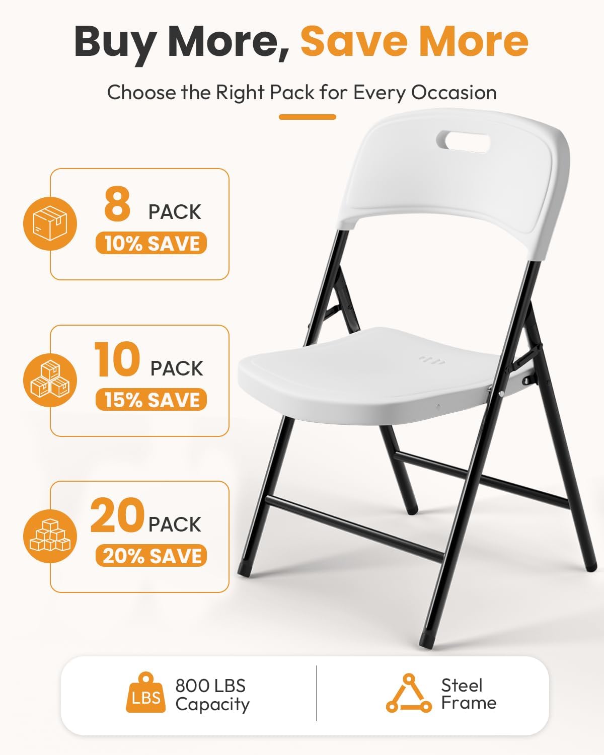 Folding Chairs, 600lbs Capacity, Heavy-Duty Commercial Stackable Plastic Foldable Chairs for Indoor/Outside, Office, Kitchen, Party, Patio(White, 4 Pack)