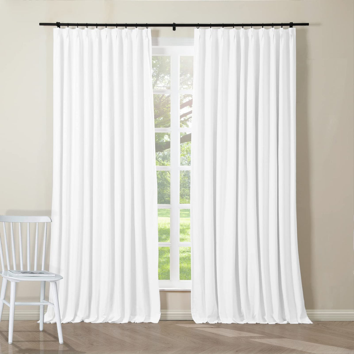 ChadMade Pinch Pleated Curtain Blackout White Pure 100% Cotton Duck Drape 108 Inches Long Curtain Plain Weave with Blackout Lining 50Wx108L (1 Panel), BOZI Collection