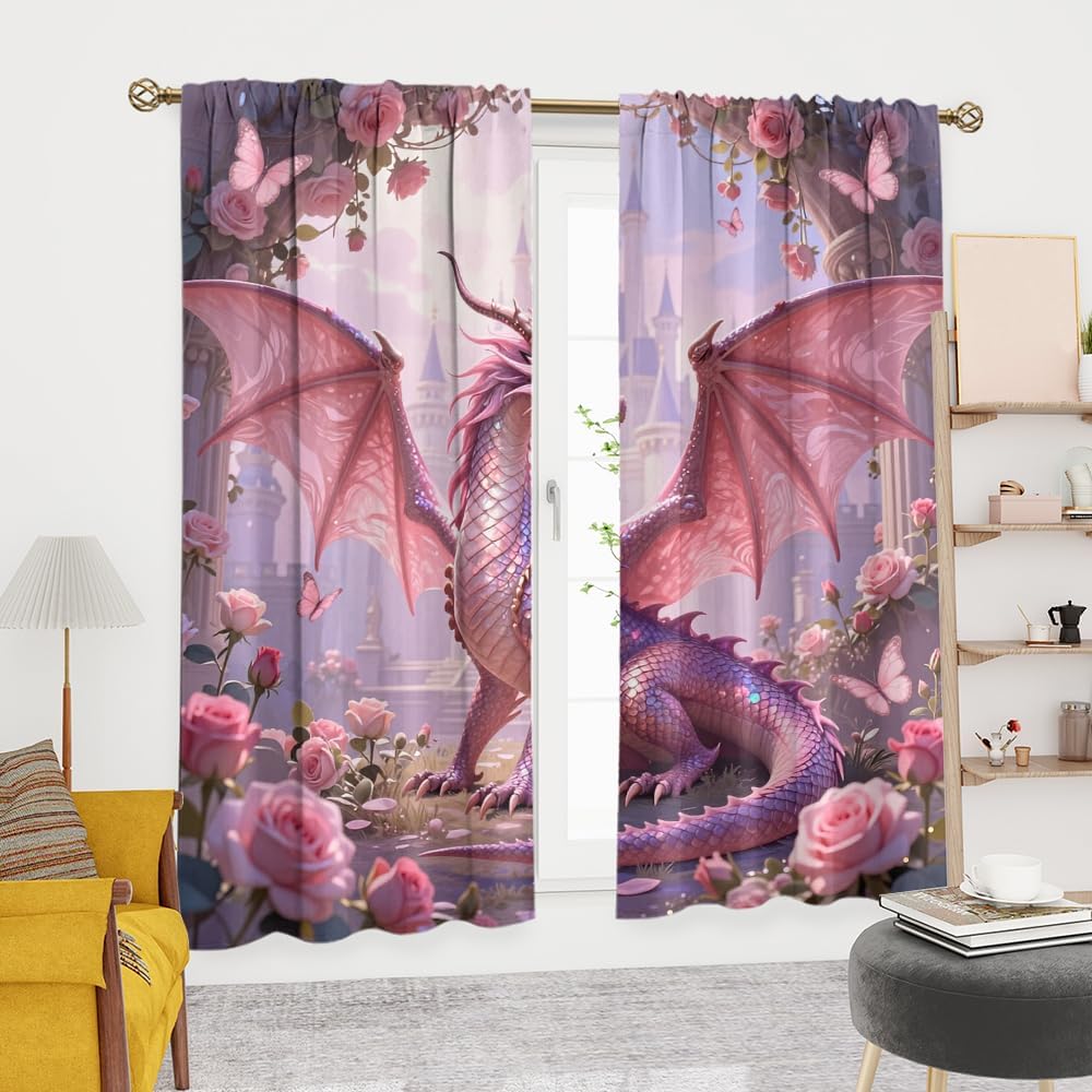 Dreamy Pink Wildlife Dragon Curtains-Fantasy Medieval Castle Rod Pocket Back Tab Window Drapes,Mythological Dragon Floral Roses Thermal Insulated Blackout Curtain,2pcs,Each 52“W x 96”L