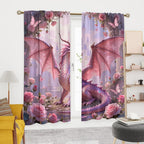 Dreamy Pink Wildlife Dragon Curtains-Fantasy Medieval Castle Rod Pocket Back Tab Window Drapes,Mythological Dragon Floral Roses Thermal Insulated Blackout Curtain,2pcs,Each 52“W x 96”L