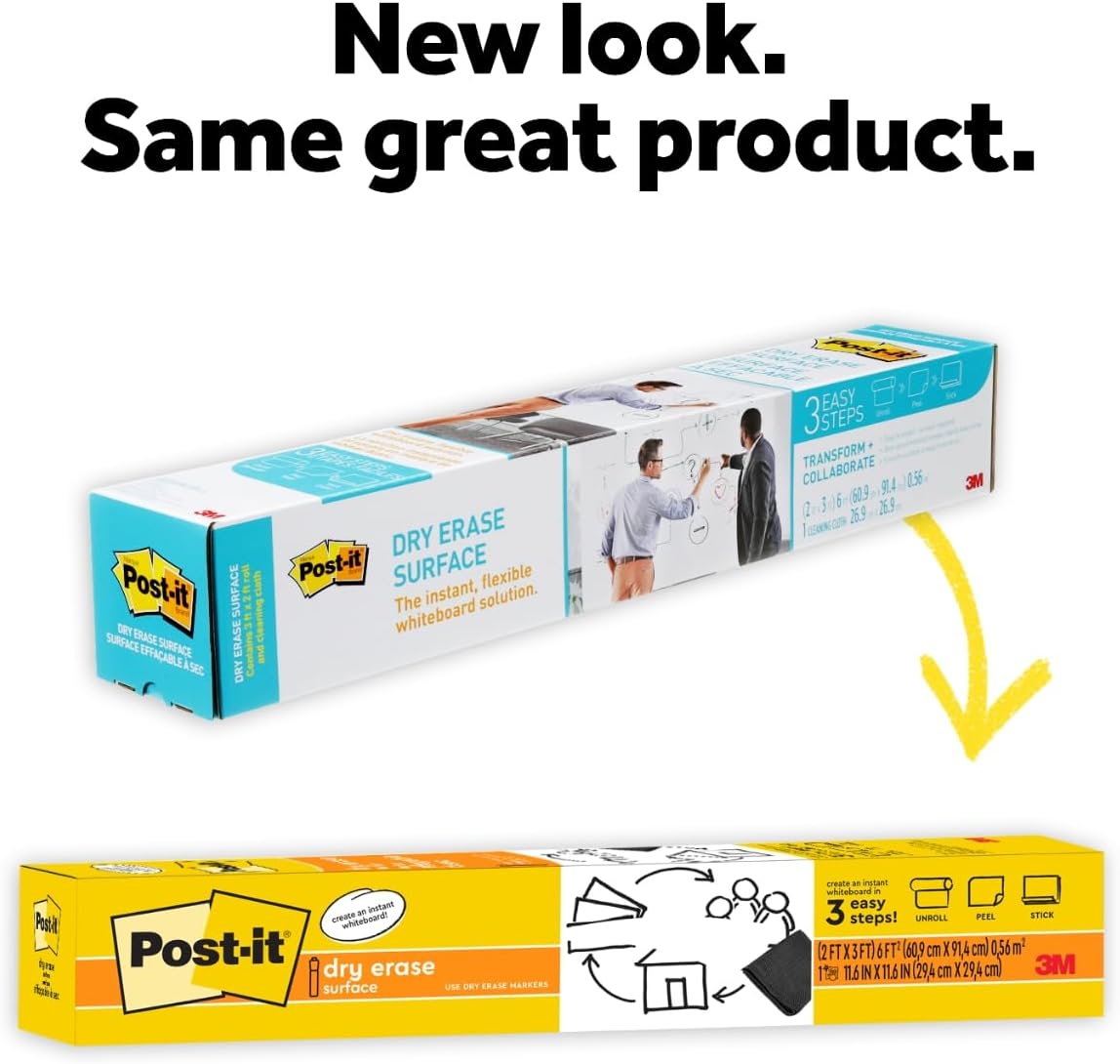 Post-it Dry Erase Whiteboard Film Surface for Walls, Doors, Tables, Chalkboards, Whiteboards, and More, Removable, Stain-Proof, Easy Installation, 8 x 4 ft Roll (DEF8x4)