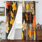 Rustic Fall Leaves Blackout Curtains 84 Inch Long 2 Panels, Autumn Maple Leaf Pinecone Thermal Insulated Grommet Drapes, Wood Burlap Texture Print Energy Saving Noise Reducing Curtains