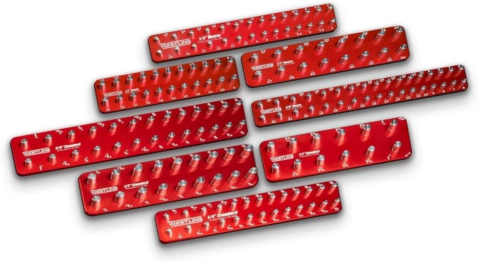 Westling USA Premium Aluminum Starter 8 Piece Socket Tray/Organizer Set, Holds 152 Standard and Metric Sockets (Red/Red, 2 Row)