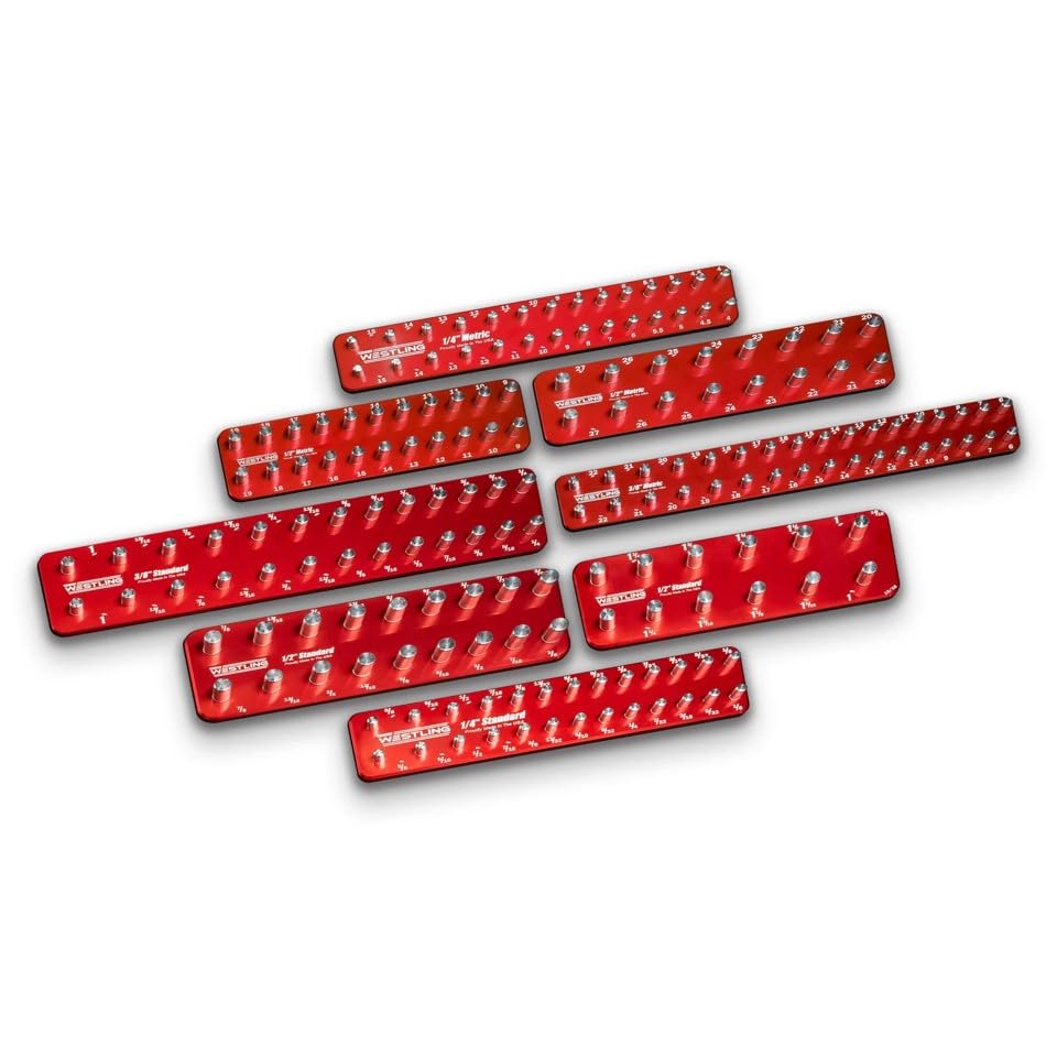 Westling USA Premium Aluminum Starter 8 Piece Socket Tray/Organizer Set, Holds 152 Standard and Metric Sockets (Red/Red, 2 Row)