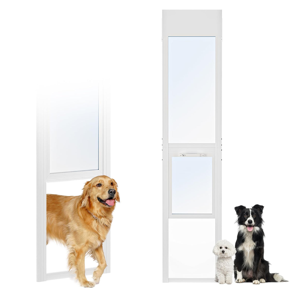 Dog Door for Sliding Glass Doors, 68.9" to 74.8" Height Adjustable Pet Door, Two Piece Design Sliding Glass Dog Door with Security Lock for Apartments, Rentals, Patios