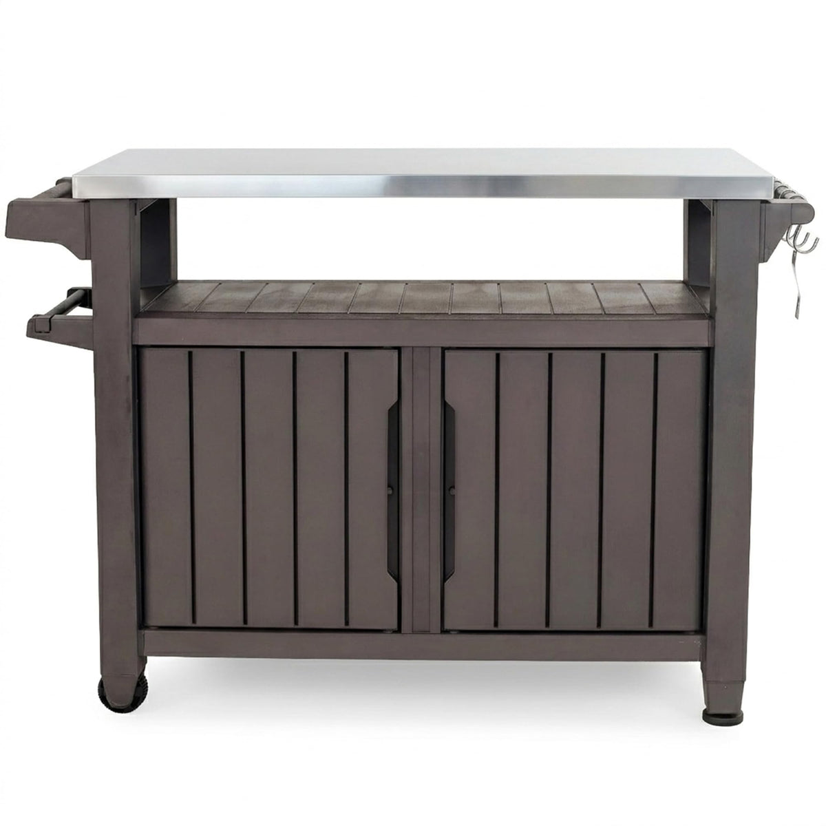 Keter Unity XL Portable Outdoor Table with Stainless Steel Top for Kitchen Prep and Outdoor Storage Cabinet for Grilling Accessories, Dark Grey
