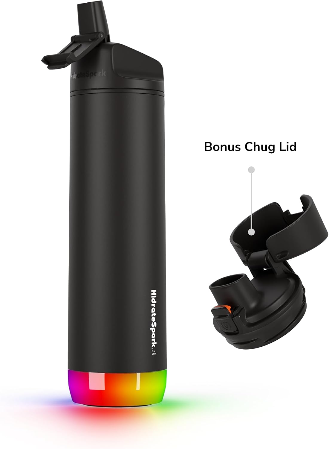 Hidrate Spark PRO Smart Water Bottle - Tracks Water Intake & Glows to Remind You to Stay Hydrated, Chug & Straw lid, 21oz (Black)