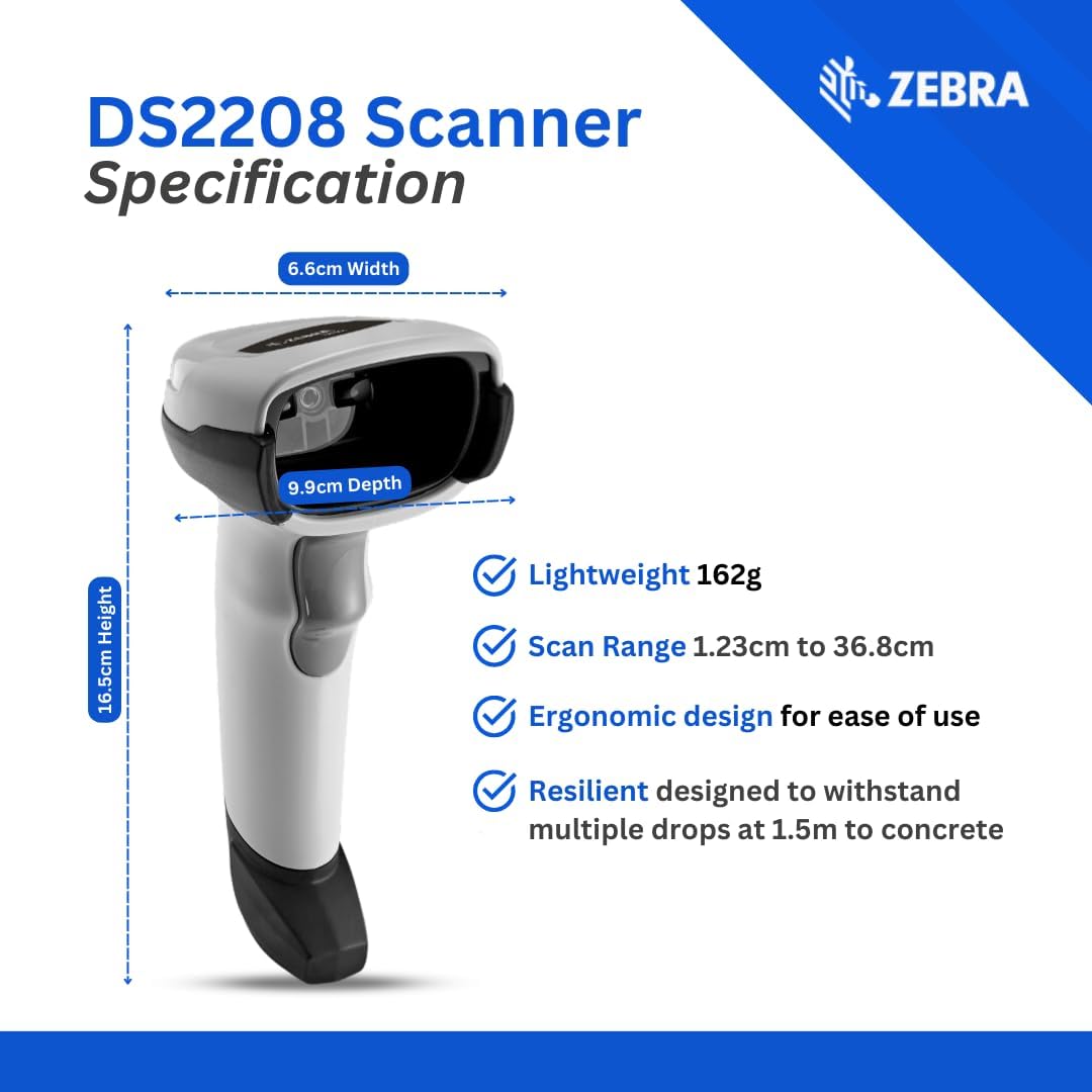 Zebra DS2208 Handheld Barcode Scanner w/ Stand | 1D 2D QR Code Scanner | Easy Setup | Corded with Shielded USB Cable (Renewed)