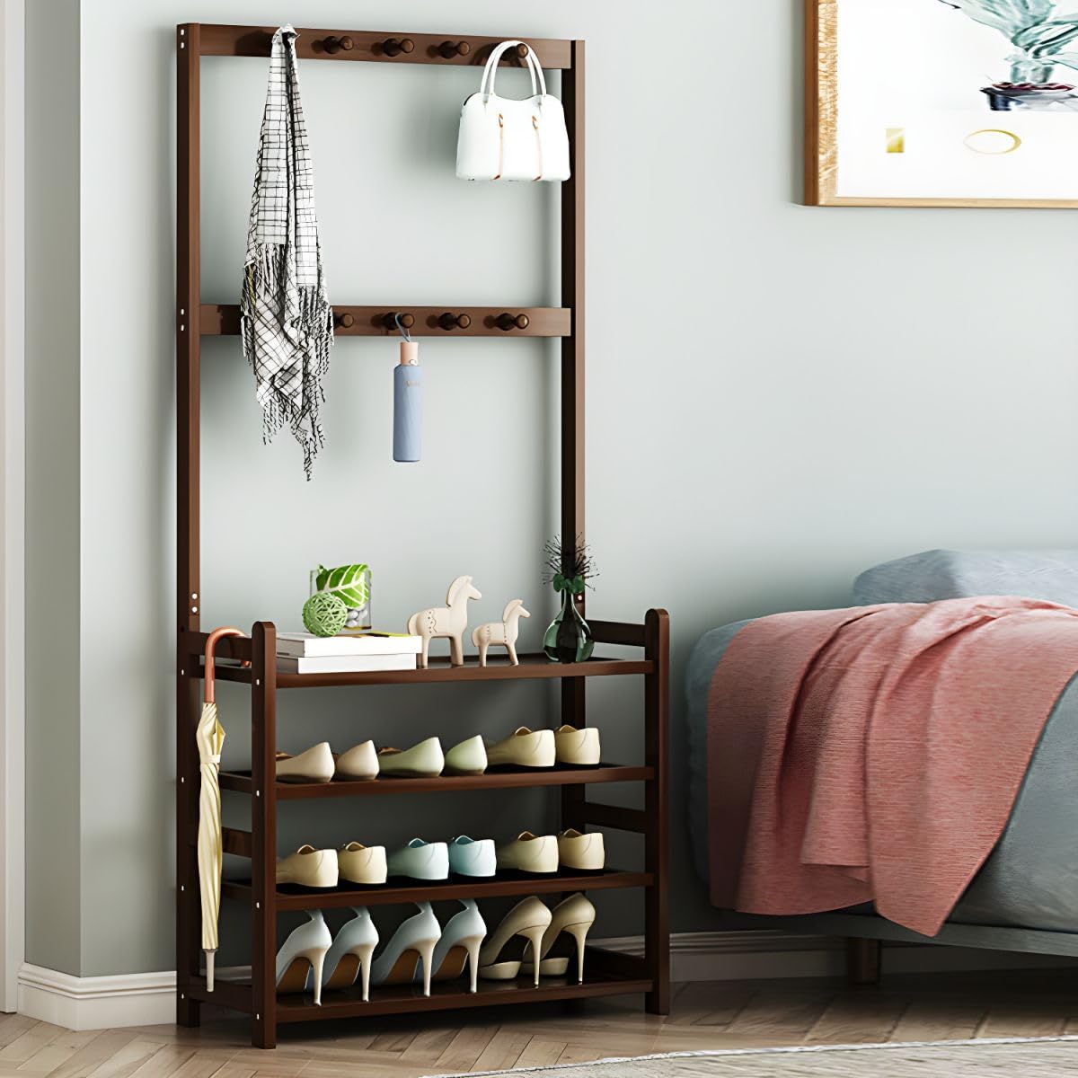 Modern Wood Coat Hanger Storage Shelves & Coat Hooks Entryway Kit Multifunctional Clothes Hanger Floor-standing Bedroom Clothes Storage Rack Simple Coat Rack Natural 31.5"L x 9.1"W x 69.3"H