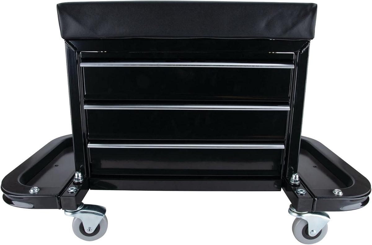 Performance Tool W85025 3-Drawer Rolling Tool Chest Seat With Magnetic Side Trays, Black