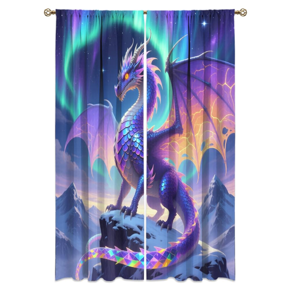 Dreamy Ice Fire Dragon Rod Pocket Curtains-Fantasy Yin Yang Theme Blackout Curtains & Drapes for Bedroom,Mythological Wild Animals Dragon Room Darkening Window Curtain,2pcs,Each 52“W x 96”L