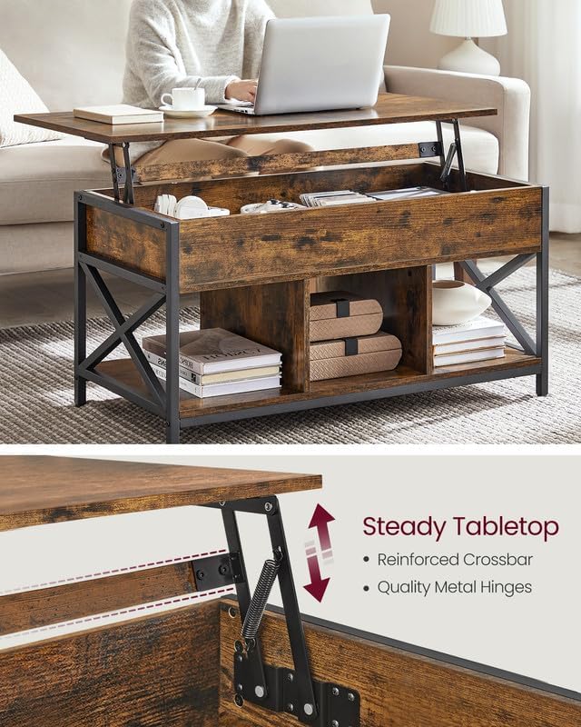 VASAGLE Lift Top Coffee Table with Storage Shelf, 3 Compartments