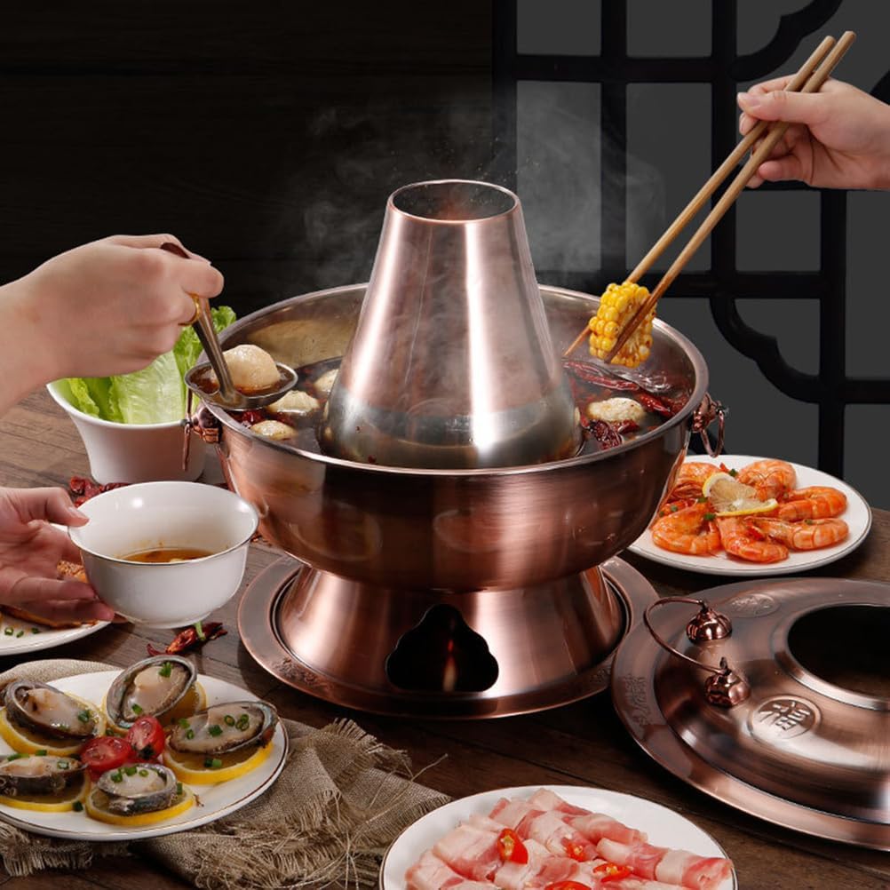 Hot Pot, Chinese Charcoal Hotpot, Extra Thick Stainless Steel Stew Pan, Vintage Hot Pot with Chimney Shabu Shabu Hotpot for Family Dinners and Stewed Lamb Camping,Brass,30cm/11.8inch