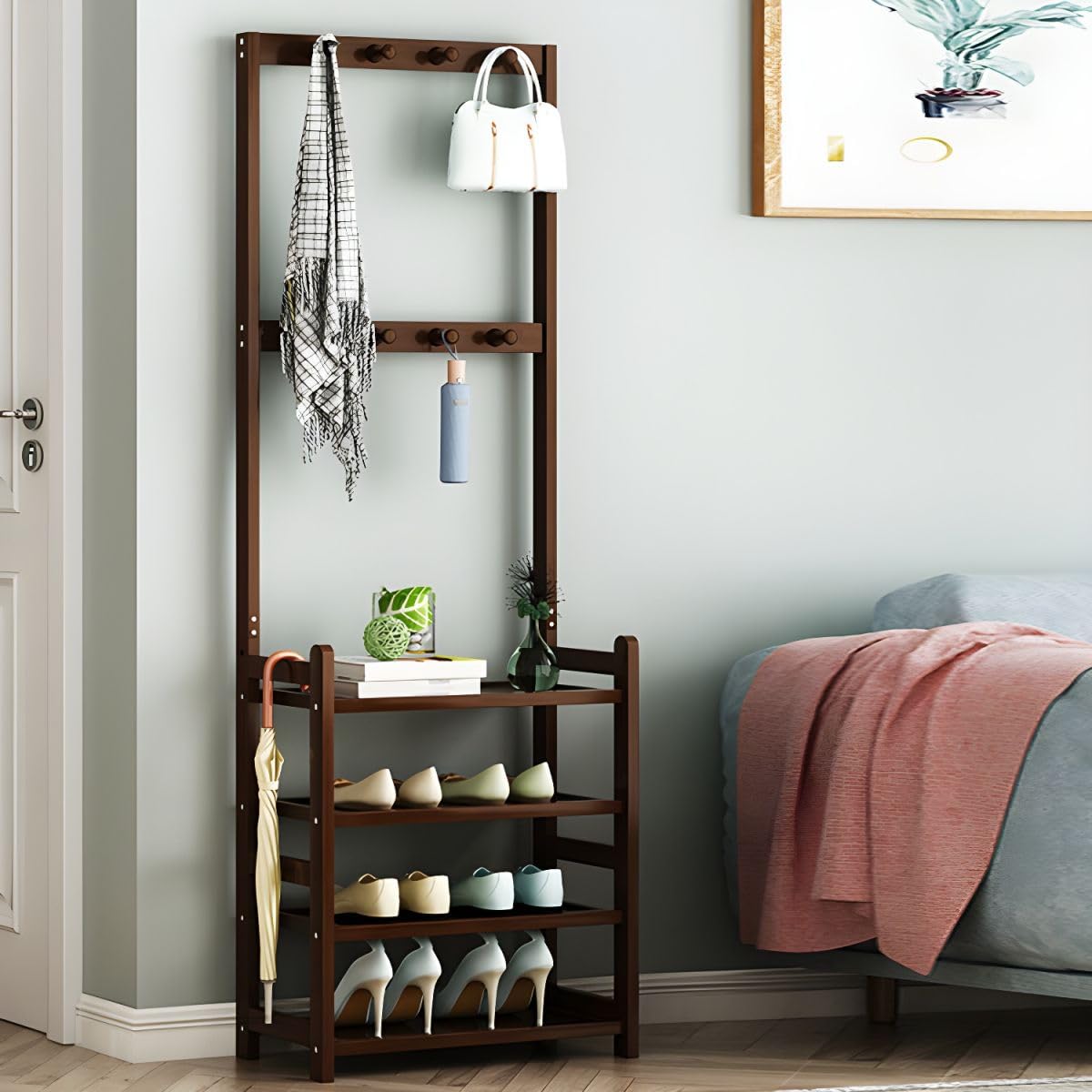 Modern Wood Coat Hanger Storage Shelves & Coat Hooks Entryway Kit Multifunctional Clothes Hanger Floor-standing Bedroom Clothes Storage Rack Simple Coat Rack Natural 31.5"L x 9.1"W x 69.3"H