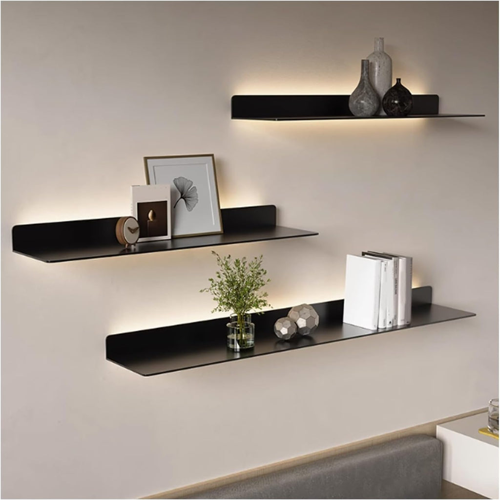 LED Floating Shelves Set of 2, Metal Wall Mounted Display Shelves with Built-in Lights, Modern Gold Floating Shelves for Living Room, Bedroom, Kitchen, Bathroom(Black,80cm/31.5in)