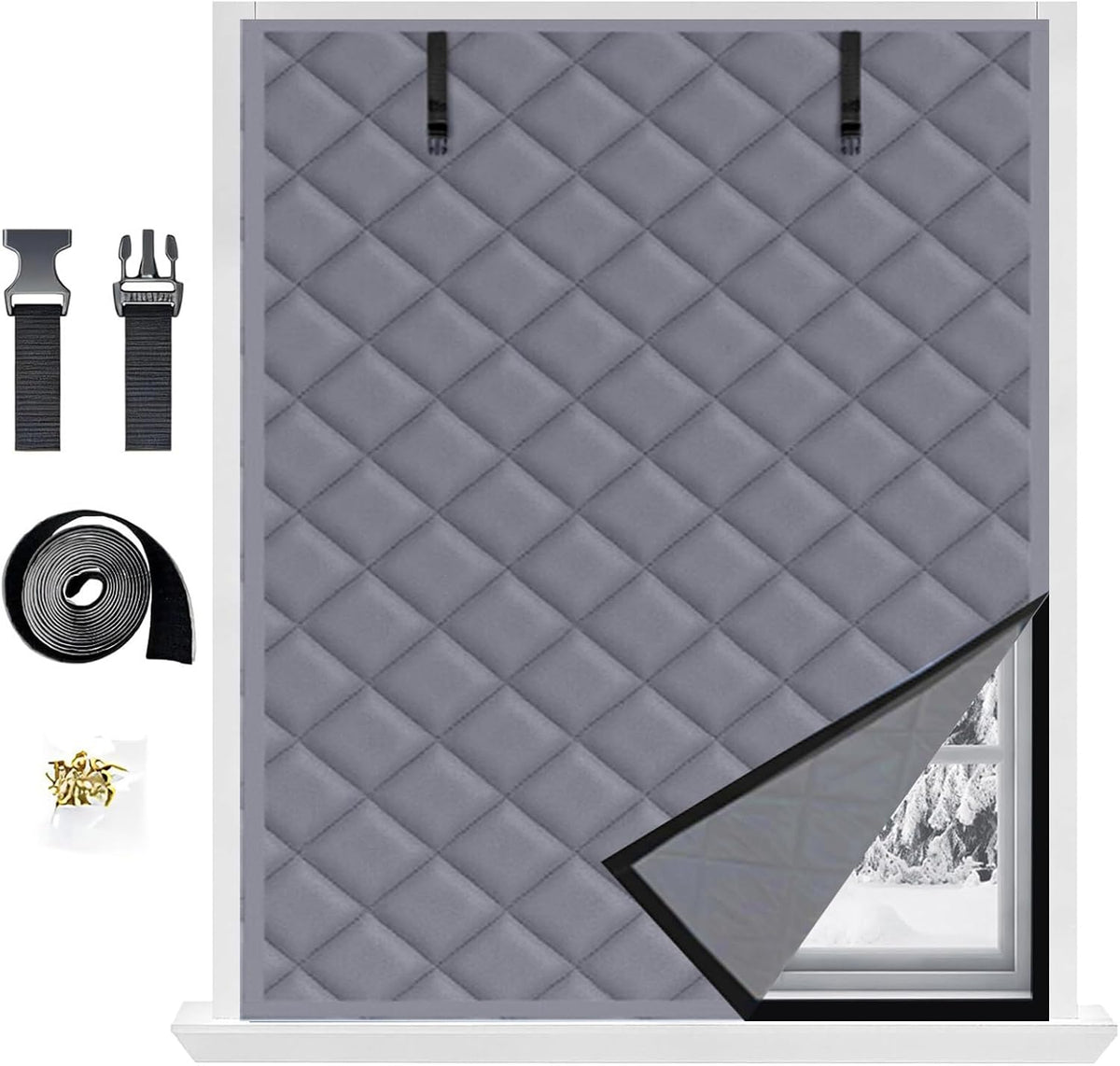 Winter Window Insulation Kit, 20" 28" 36" 48" 79" Cotton Insulated Curtains for Winter Window Insulation Cover, Thermal Window Cover for Winterizing Bedroom Attic RV Garage(Gray,63x114in/160x290cm)