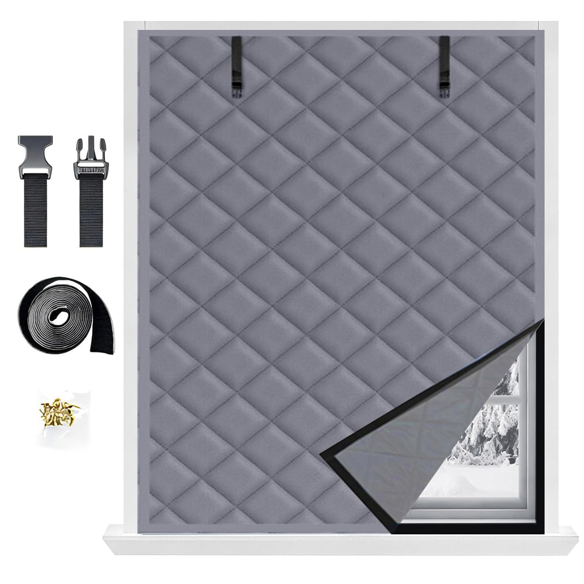 Winter Window Insulation Kit, 20" 28" 36" 48" 79" Cotton Insulated Curtains for Winter Window Insulation Cover, Thermal Window Cover for Winterizing Bedroom Attic RV Garage(Gray,63x114in/160x290cm)