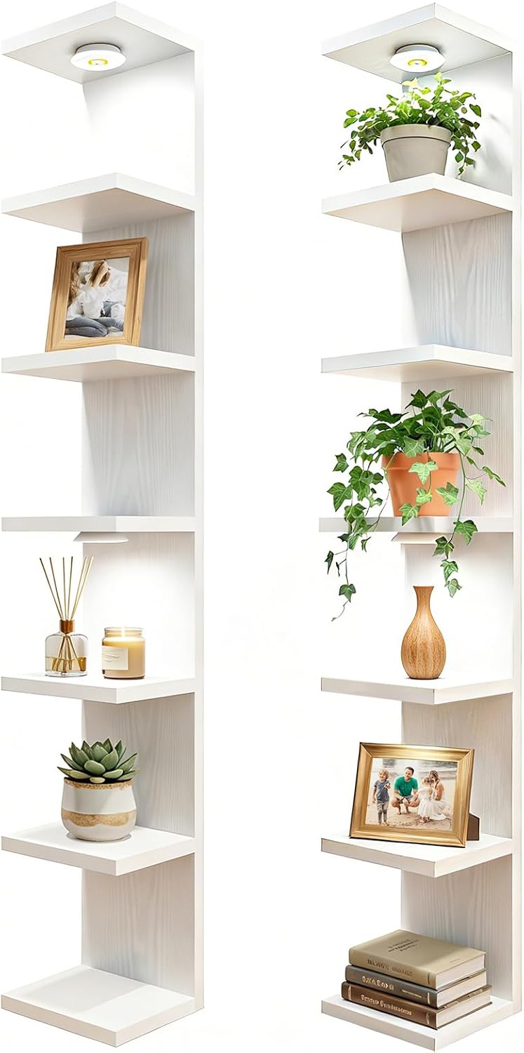 Fixwal 7 Tier Wall Shelf with LED Lights for Room Decor White, 2 Pack