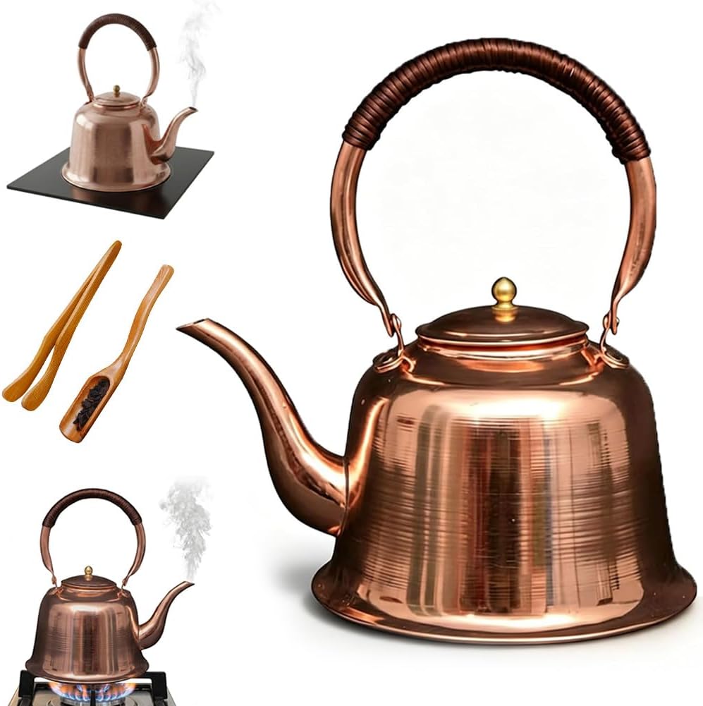 Solid Copper Tea Kettle for Stove Top, 1000ml Fast Boiling Vintage Copper Teapot, Easy to Clean Water Kettle for Induction, Gas & Electric Stoves