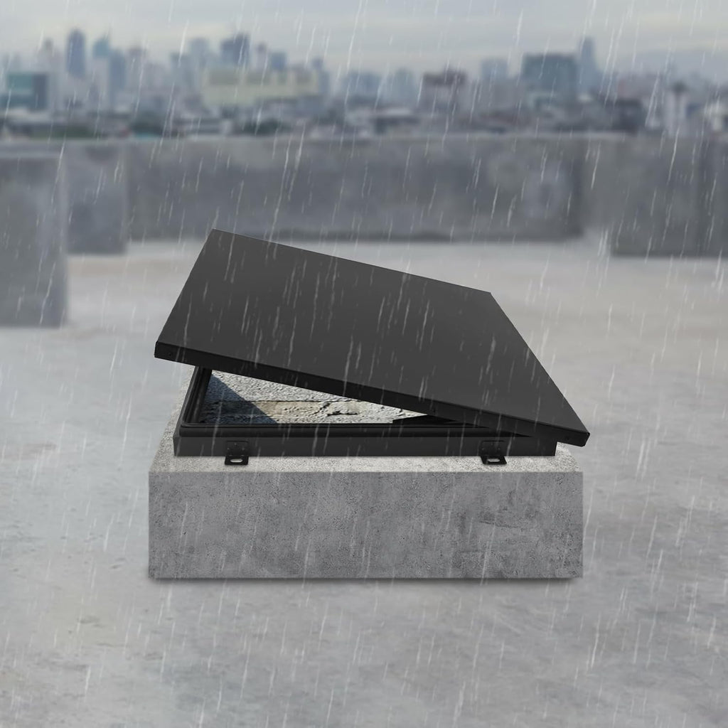 Aluminum Alloy Security Roof Hatch, 90° Hydraulic Escape Vent w/Lockable Egress Window Cover, Heavy-Duty Emergency Access Door for Attic & Commercial Buildings (23.6 * 23.6in, Black)
