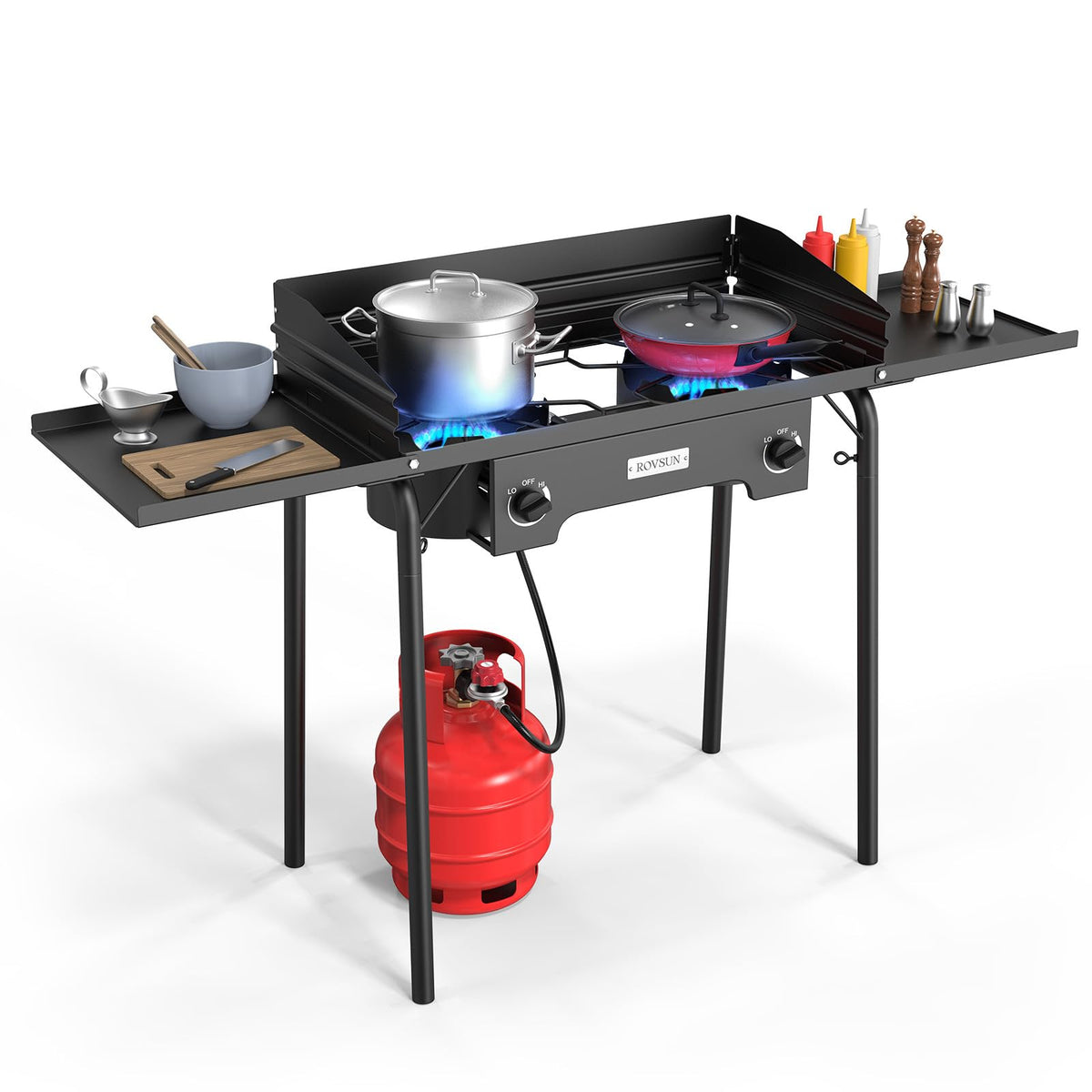 ROVSUN Single Burner Gas Stove with Side Shelf, 100,000BTU Portable Propane Stove with Removable Leg & Regulator for Camping Home Backyard Outdoor Cooking Brewing Canning Turkey Frying