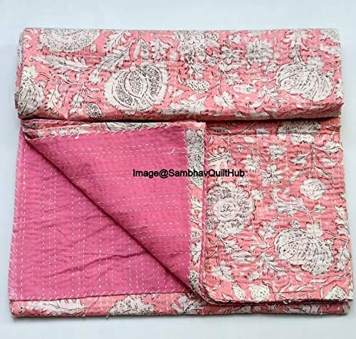 Indian Handblock Kantha Floral Printed Handmade Quilted Blanket Vintage Home Decorative KanthaThrow Blanket Kantha Bedcover Queen/King / CaliforiniaKing (Pink, Queen/king 90X108 inches)